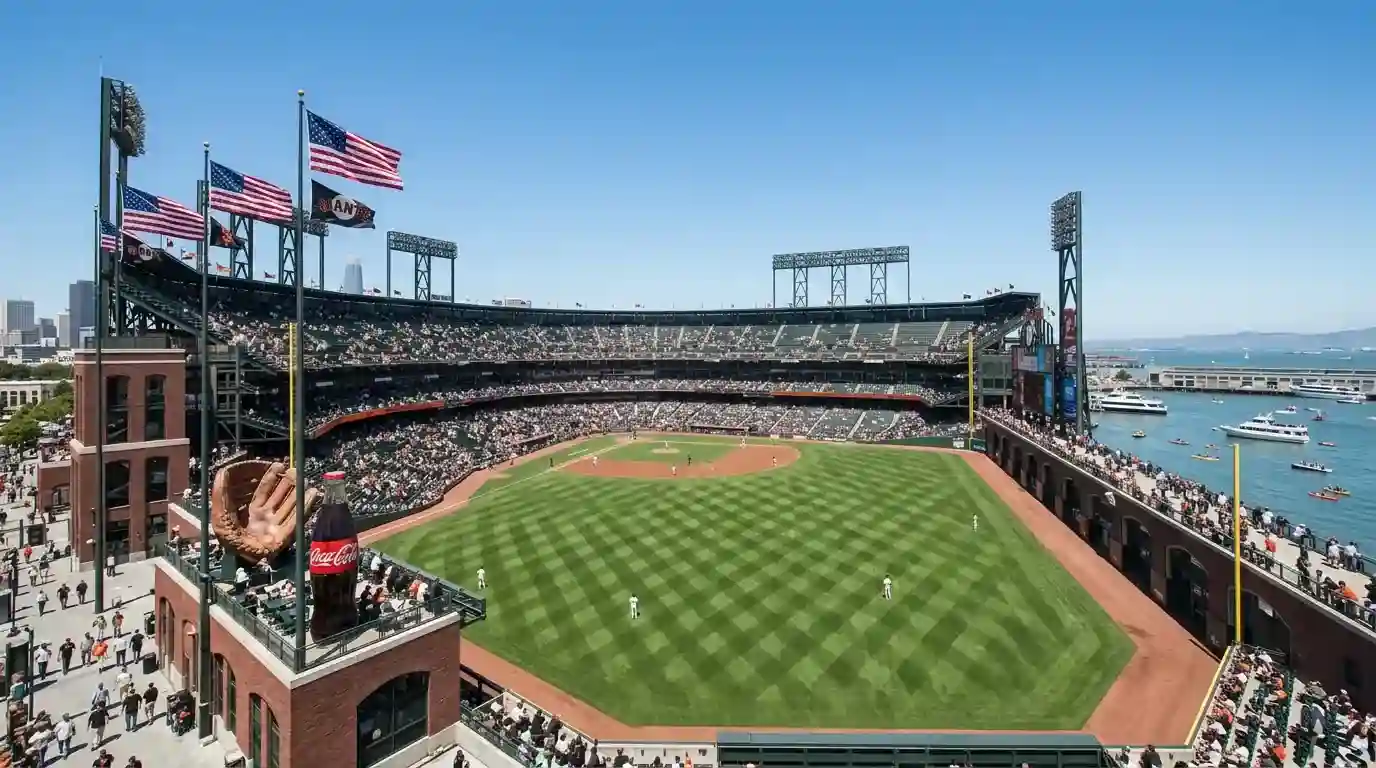 Estadio de béisbol MLB con datos de park factors superpuestos sobre dimensiones del campo
